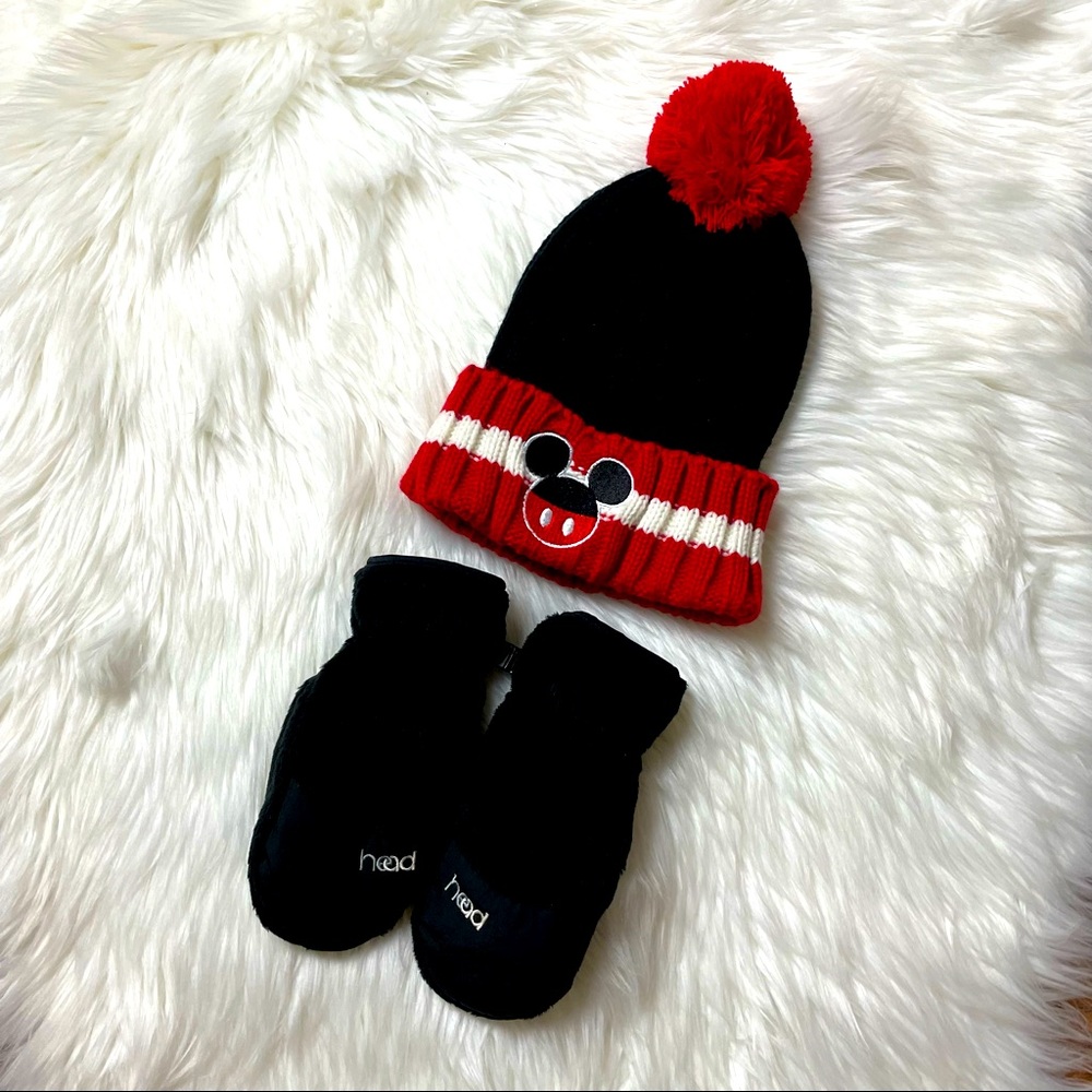 Mickey Mouse Kids Beanie Black/Red Logo Embroidery Size OS Head Black Mittens